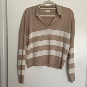 Cyrus Beige & White Striped Collared Rugby Sweater